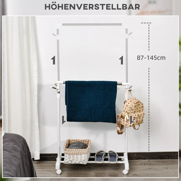 HOMCOM rullende tøjstativ, højdejusterbart, med nederste hylde, 4 hjul, hvid
