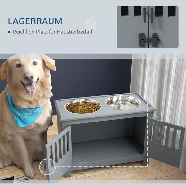 PawHut Hævet Foderstation til Store Hunde, 2 Skåle i Rustfrit Stål, Opbevaring, 60x30x43 cm, Grå