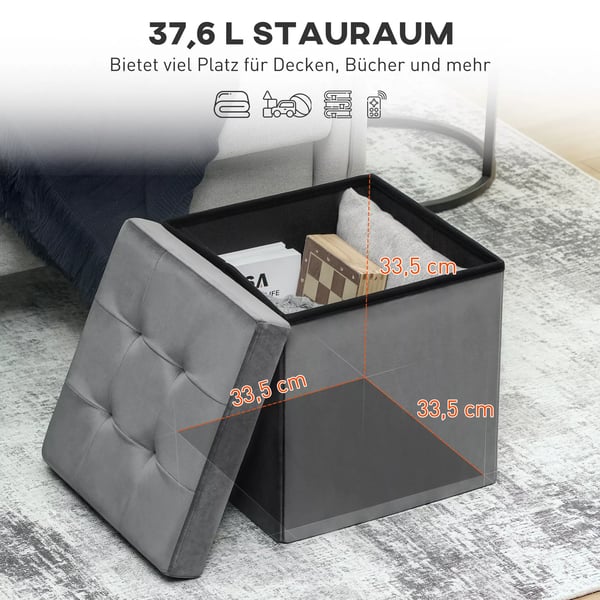 HOMCOM Foldbar Opbevaringsskammel med Lokk, Grå Polyester, 38x38x38 cm