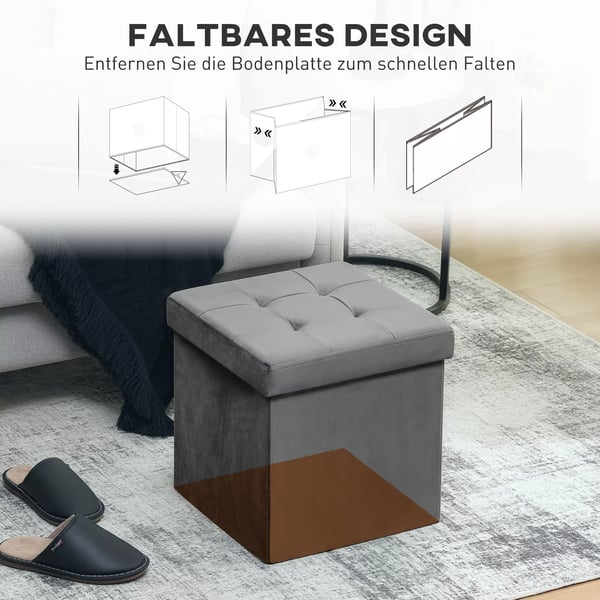 HOMCOM Foldbar Opbevaringsskammel med Lokk, Grå Polyester, 38x38x38 cm