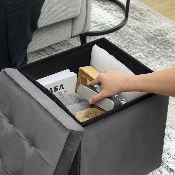 HOMCOM Foldbar Opbevaringsskammel med Lokk, Grå Polyester, 38x38x38 cm