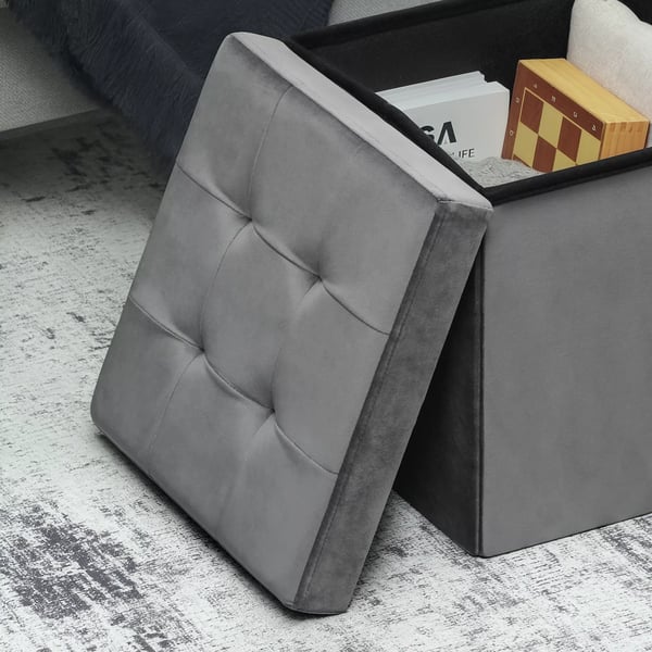 HOMCOM Foldbar Opbevaringsskammel med Lokk, Grå Polyester, 38x38x38 cm