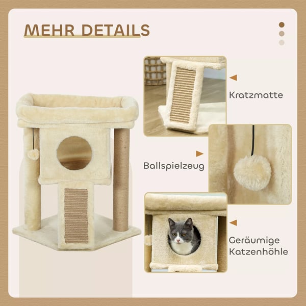 PawHut kradsetræ med kradsemåtte i jute, hvileplatform, legetøjsbold, kattehus, beige, 40 x 40 x 57 cm