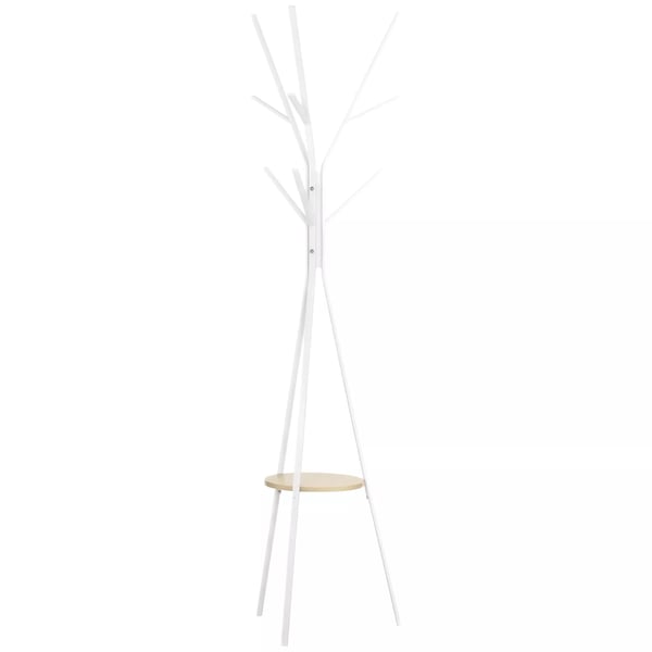 HOMCOM Garderobestativ i hvid, metal og træ, 45x45x180cm - Stilfuldt gulvstativ med hylde og 8 kroge til entré, soveværelse