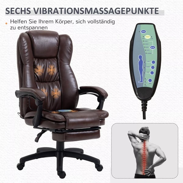 Premium Læder Kontorstol med Massage, Fodstøtte og 360° Drejefunktion - Brun