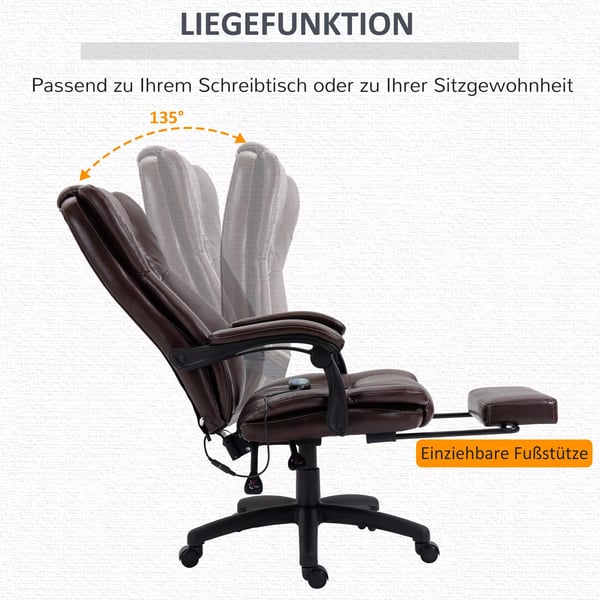 Premium Læder Kontorstol med Massage, Fodstøtte og 360° Drejefunktion - Brun