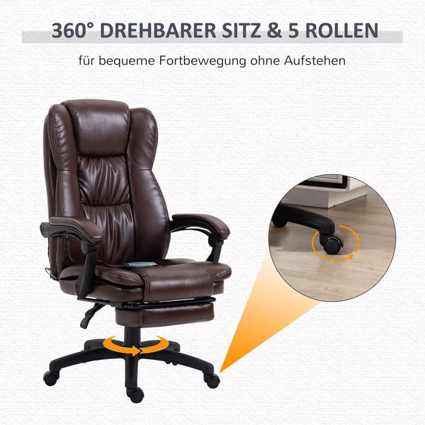 Premium Læder Kontorstol med Massage, Fodstøtte og 360° Drejefunktion - Brun