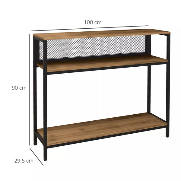 HOMCOM Konsolbord i träkomposit och järn, 2 hyllplan, rustik brun, 100x29,5x90 cm