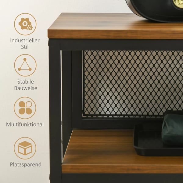 HOMCOM Konsolbord i träkomposit och järn, 2 hyllplan, rustik brun, 100x29,5x90 cm