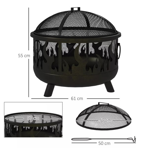 Outsunny 2-i-1 bålfad, ildkurv med gnistfang & grillrist, til havegrill, metal, sort, Ø61x55 cm