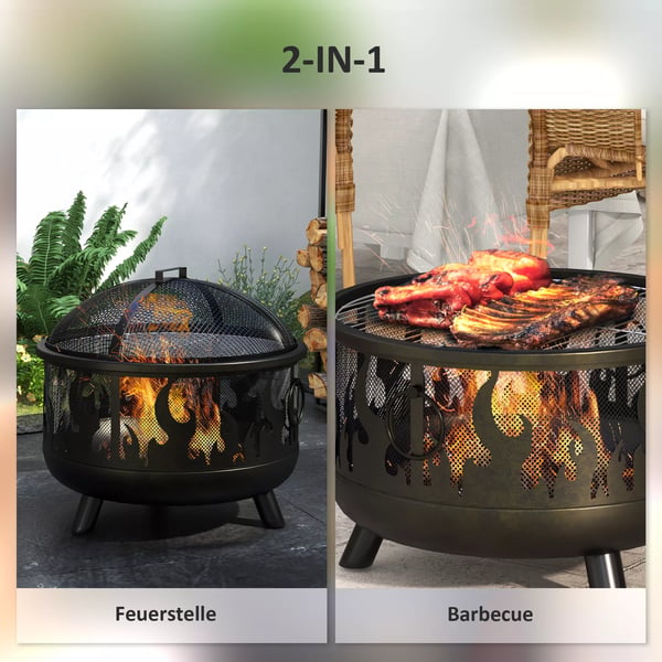 Outsunny 2-i-1 bålfad, ildkurv med gnistfang & grillrist, til havegrill, metal, sort, Ø61x55 cm