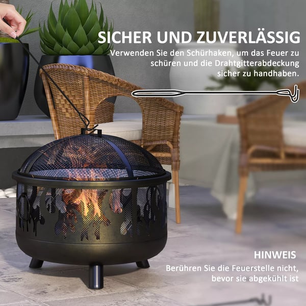 Outsunny 2-i-1 bålfad, ildkurv med gnistfang & grillrist, til havegrill, metal, sort, Ø61x55 cm
