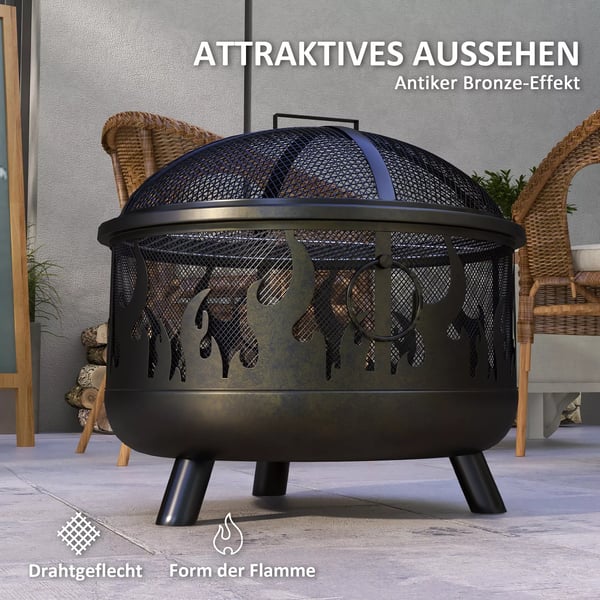 Outsunny 2-i-1 bålfad, ildkurv med gnistfang & grillrist, til havegrill, metal, sort, Ø61x55 cm