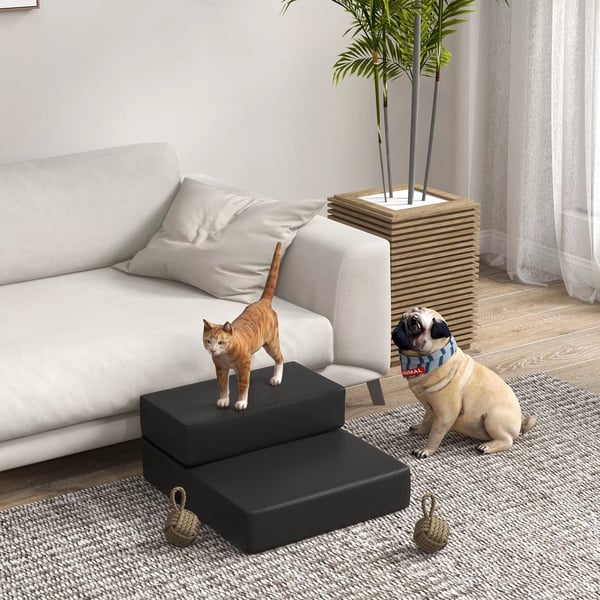 PawHut Foldbar Kæledyrstrappe med 2 Trin, Hundetrappe til Ældre Hunde og Katte, Sort PU Læder og Skum, L45xB39xH20cm