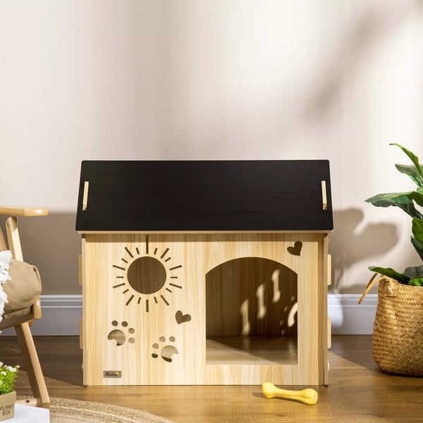 Hundehus i MDF, Eg/Sort - Vejrbestandigt og Ventileret hundehus Indendørs, 69x50x58,5 cm