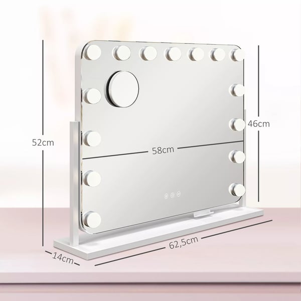 HOMCOM LED-meikkipeili, 3 valotilaa, himmennettävä, kosketusohjaus, USB, 62,5 x 49,5 cm, valkoinen