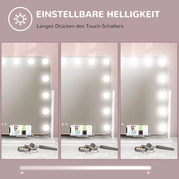 HOMCOM LED-meikkipeili, 3 valotilaa, himmennettävä, kosketusohjaus, USB, 62,5 x 49,5 cm, valkoinen