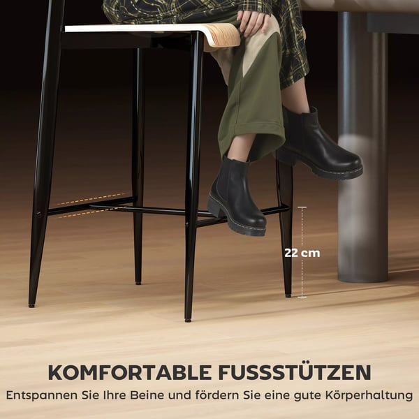 HOMCOM Barbåde Stole (2 stk.) med Fodstøtte, Naturligt Træ & Sort Stål, 66 cm Siddehøjde, Industrielt Design