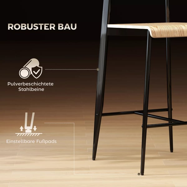 HOMCOM Barbåde Stole (2 stk.) med Fodstøtte, Naturligt Træ & Sort Stål, 66 cm Siddehøjde, Industrielt Design