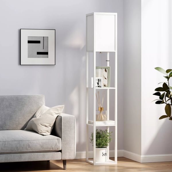 HOMCOM Reol Gulvlampe med 3 Hylder, Hvid, MDF & Akryl, 26x26x160cm