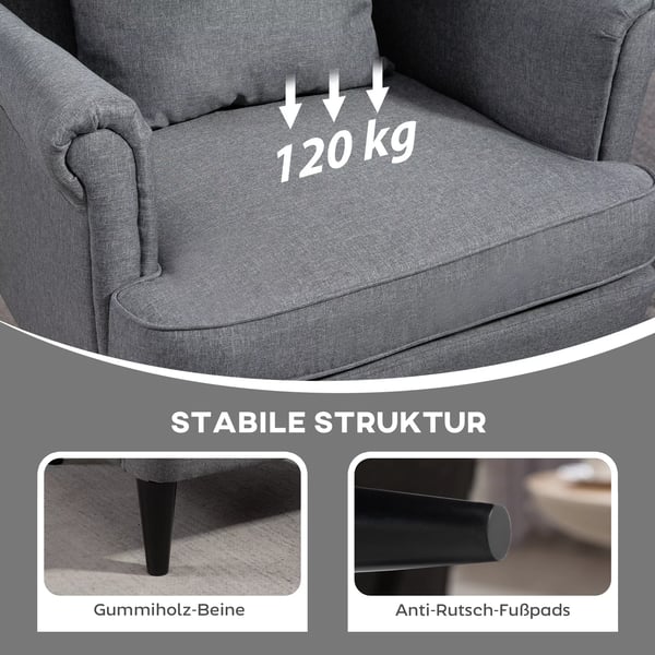 fåtölj med puff fåtölj med linnelook, ländryggskudde, modern vilstol med armstöd för vardagsrum grå