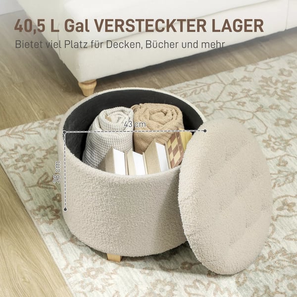 Förvaringsbänk med lock, stoppad pall i kashmirliknande polyester, krämvit, Ø45 x 41 cm