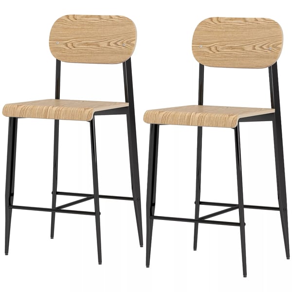 HOMCOM Barstolar 2-pack, naturträ+svart, stålram, köksstol med fotstöd, 66 cm sitthöjd, industriell design