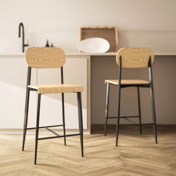 HOMCOM Barbåde Stole (2 stk.) med Fodstøtte, Naturligt Træ & Sort Stål, 66 cm Siddehøjde, Industrielt Design
