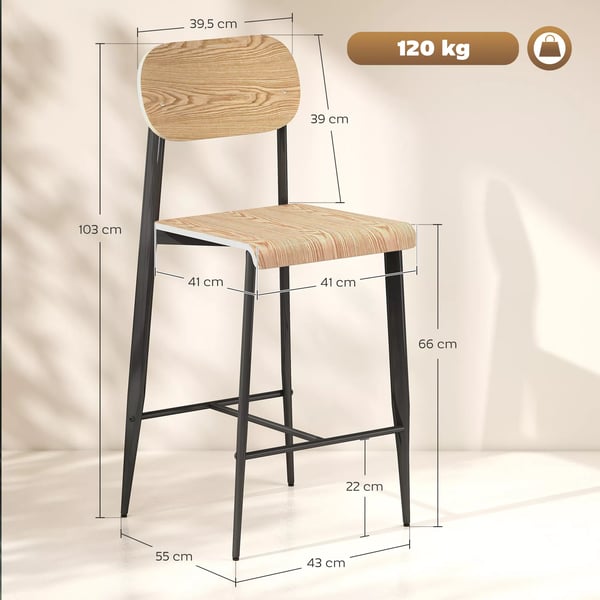 HOMCOM Barbåde Stole (2 stk.) med Fodstøtte, Naturligt Træ & Sort Stål, 66 cm Siddehøjde, Industrielt Design