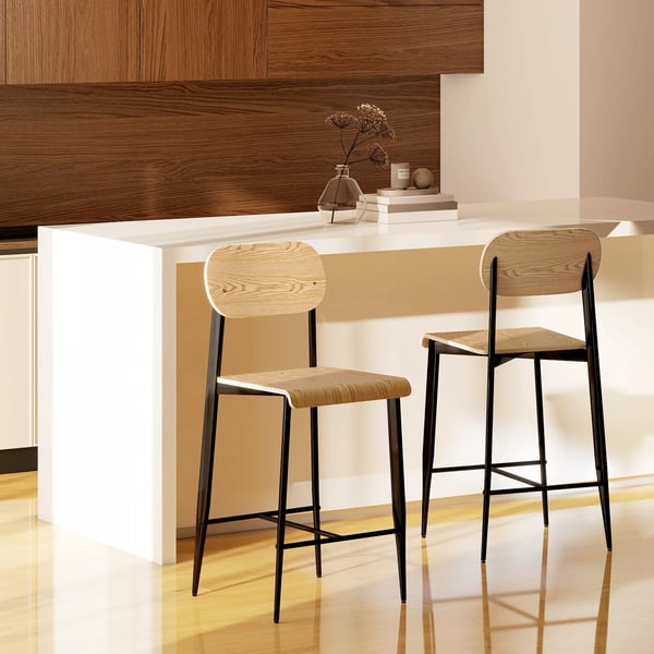 HOMCOM Barbåde Stole (2 stk.) med Fodstøtte, Naturligt Træ & Sort Stål, 66 cm Siddehøjde, Industrielt Design