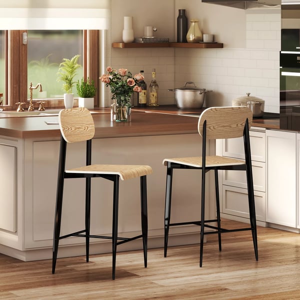 HOMCOM Barbåde Stole (2 stk.) med Fodstøtte, Naturligt Træ & Sort Stål, 66 cm Siddehøjde, Industrielt Design