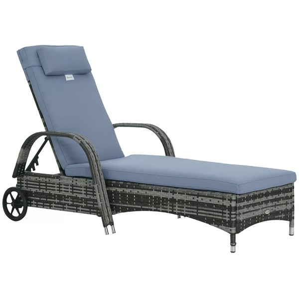 Outsunny haveliggestol, solseng, mobil med hynde, polyrattan+metal, grå, 200x73x30-103cm