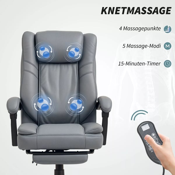 Ergonomisk Kontorstol med Massage, Justerbar Ryglæn, Fodstøtte, Pustende Mikrofiber, Grå