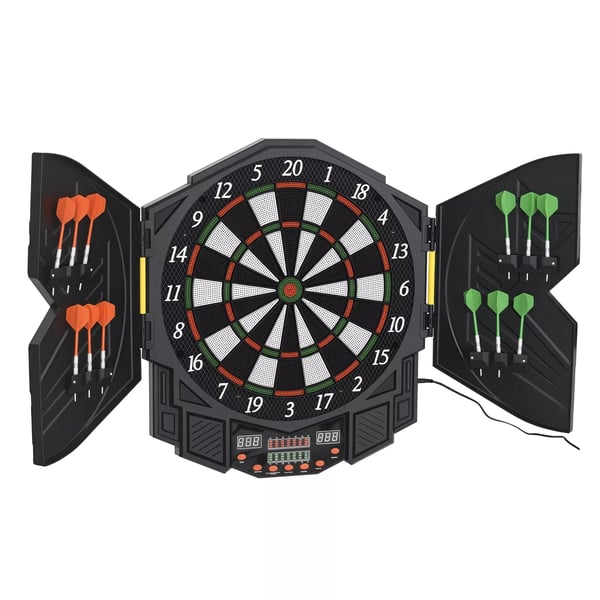 HOMCOM elektroninen tikkataulu ovella, sis. 4 LED-näyttöä, 216 peliä, 12 tikkaa, jopa 8 pelaajalle, ABS + PP, 49 x 54,6 x 5,5 cm