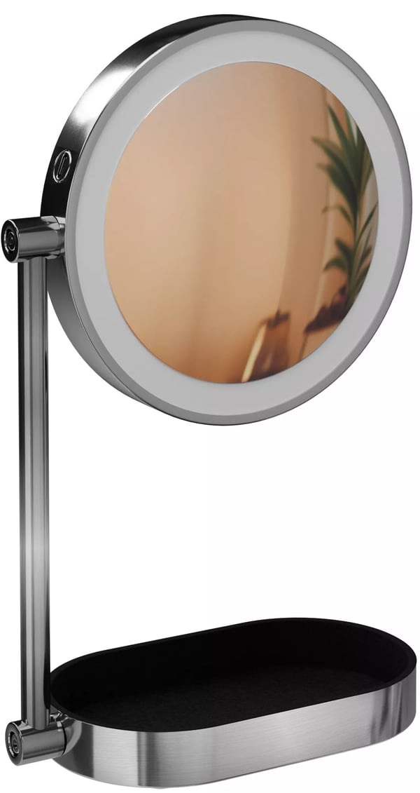 Winslet Sminkspegel med 10x förstoring, 3 LED-ljusfärger (varm, neutral, kallvit), 360° rotation, USB-C, vitt glas med metallställ