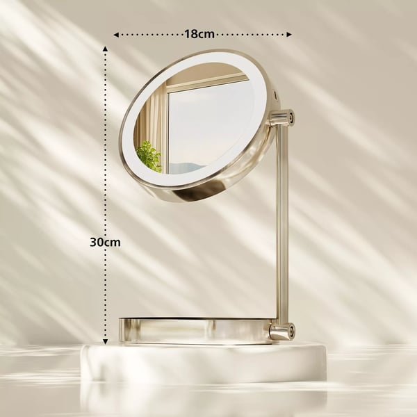 Winslet Sminkspegel med 10x förstoring, 3 LED-ljusfärger (varm, neutral, kallvit), 360° rotation, USB-C, vitt glas med metallställ