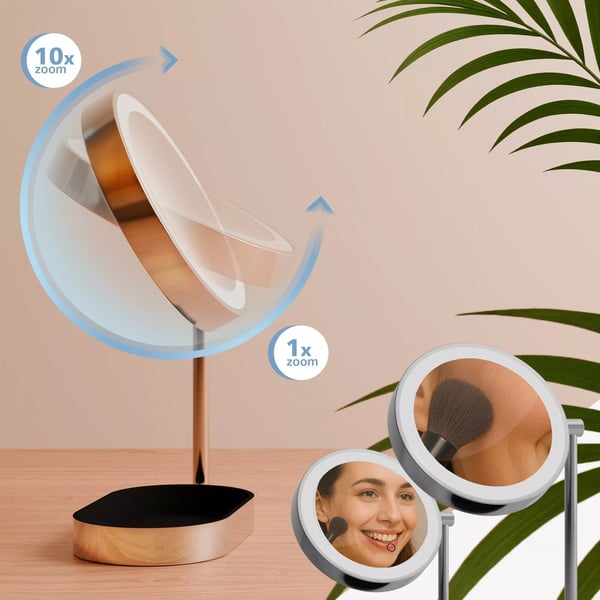 Winslet Sminkspegel med 10x förstoring, 3 LED-ljusfärger (varm, neutral, kallvit), 360° rotation, USB-C, vitt glas med metallställ