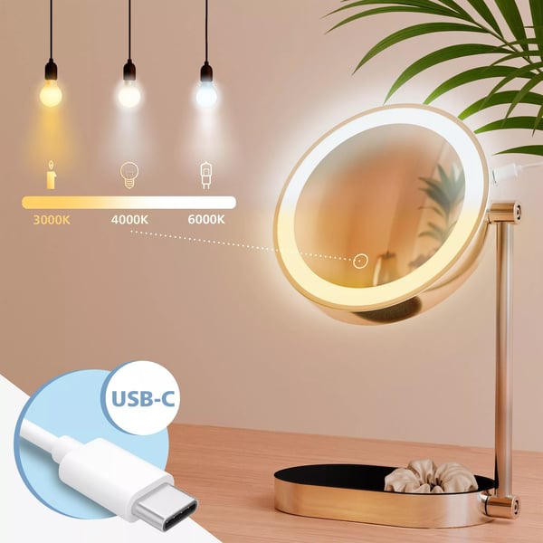 Winslet Sminkspegel med 10x förstoring, 3 LED-ljusfärger (varm, neutral, kallvit), 360° rotation, USB-C, vitt glas med metallställ