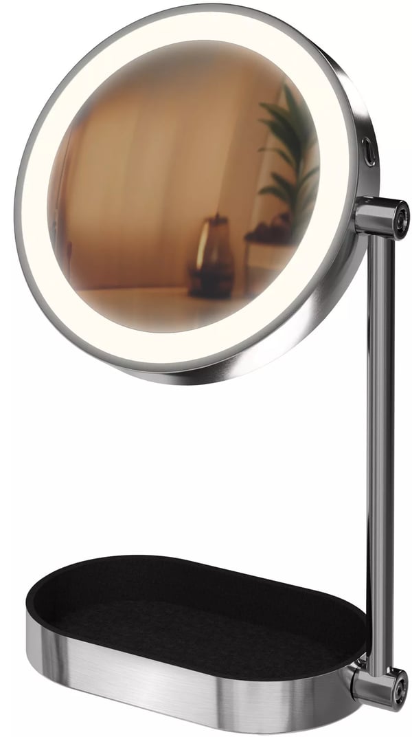 Winslet Sminkspegel med 10x förstoring, 3 LED-ljusfärger (varm, neutral, kallvit), 360° rotation, USB-C, vitt glas med metallställ
