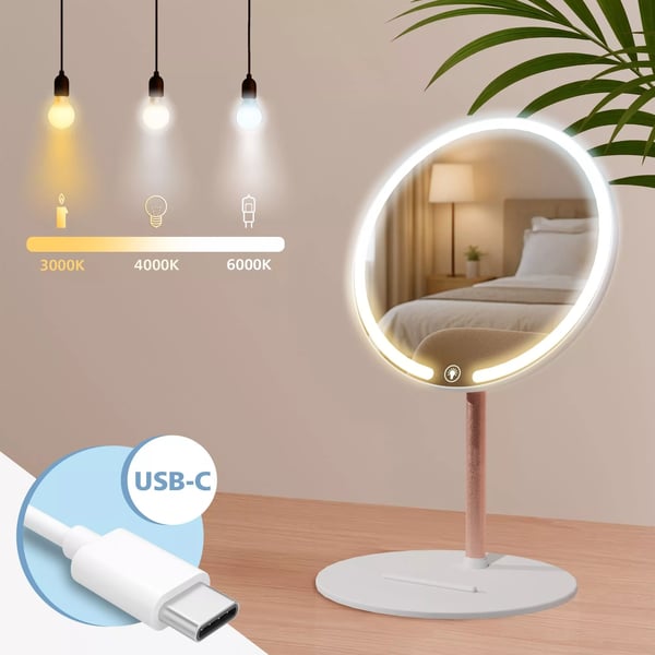 Streep Makeupspejl med 3 dæmpbare LED-lysfarver og USB-C-port, hvid plast, 19x19x31 cm