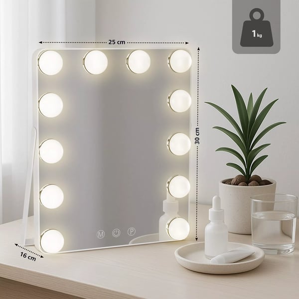 Balian LED-belyst makeup-spejl med 3 farvetilstande, touch-kontrol, USB-C, hvidt glas og metal, 25x30cm