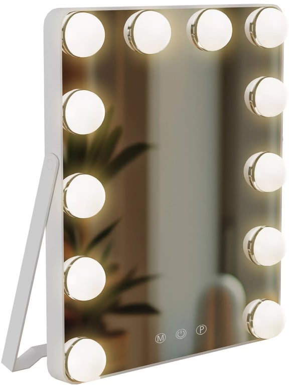 Balian LED-belyst makeup-spejl med 3 farvetilstande, touch-kontrol, USB-C, hvidt glas og metal, 25x30cm
