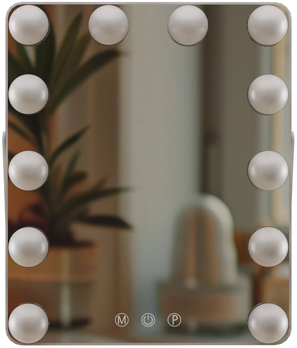 Balian LED-belyst makeup-spejl med 3 farvetilstande, touch-kontrol, USB-C, hvidt glas og metal, 25x30cm