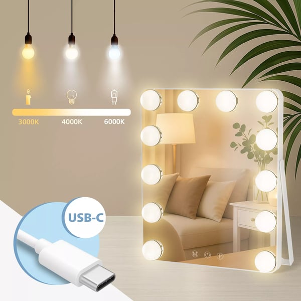 Balian LED-belyst makeup-spejl med 3 farvetilstande, touch-kontrol, USB-C, hvidt glas og metal, 25x30cm