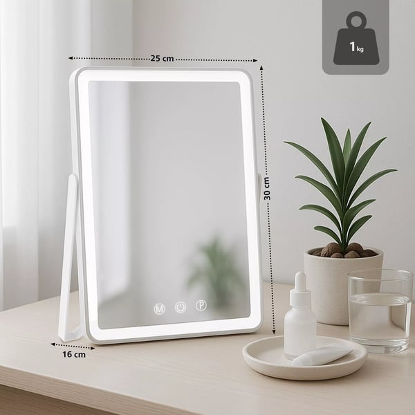 Caistor Vanity Spejl med LED-lys - Hvidt Glas & Metal, USB-C Drevet