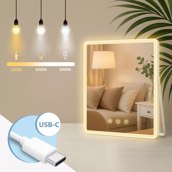 Caistor Vanity Spejl med LED-lys - Hvidt Glas & Metal, USB-C Drevet
