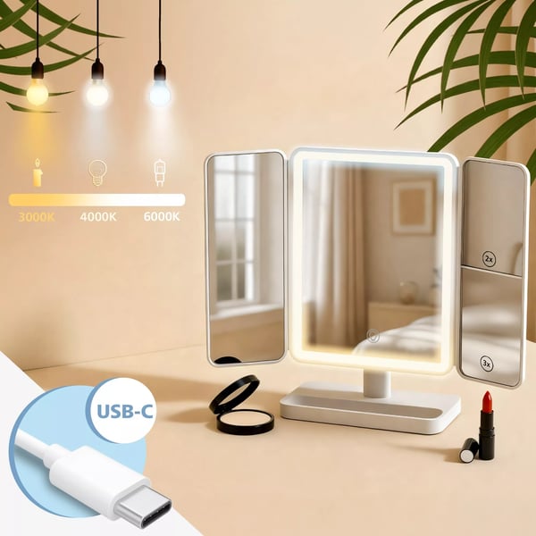Otley LED Makeupspejl, Hvid Plast, 3 Lysfarver (Kold, Neutral, Varm), Touchkontrol, Forstørrelse, USB-C Drevet, Sammenklappeligt