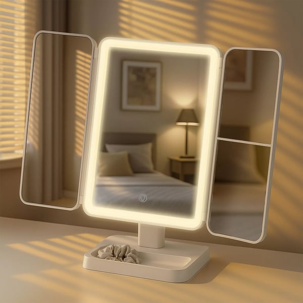 Otley LED Makeupspejl, Hvid Plast, 3 Lysfarver (Kold, Neutral, Varm), Touchkontrol, Forstørrelse, USB-C Drevet, Sammenklappeligt