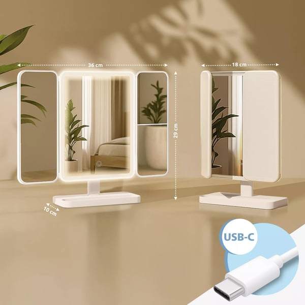 Otley LED Makeupspejl, Hvid Plast, 3 Lysfarver (Kold, Neutral, Varm), Touchkontrol, Forstørrelse, USB-C Drevet, Sammenklappeligt