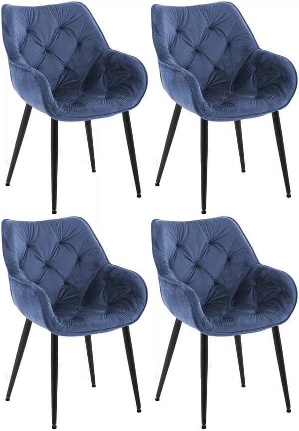 Sæt med 4 blå velour spisebordsstole med metalbase - Stilfulde og komfortable